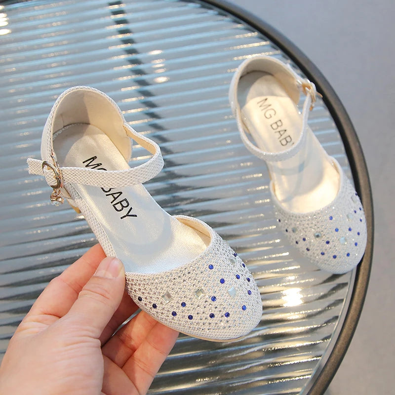 Girls Leather Shoes Pink New with Heel Rhinestone Girls Princess Single Shoes 4-12 Years Old Fashion Non-slip Children's Sandals