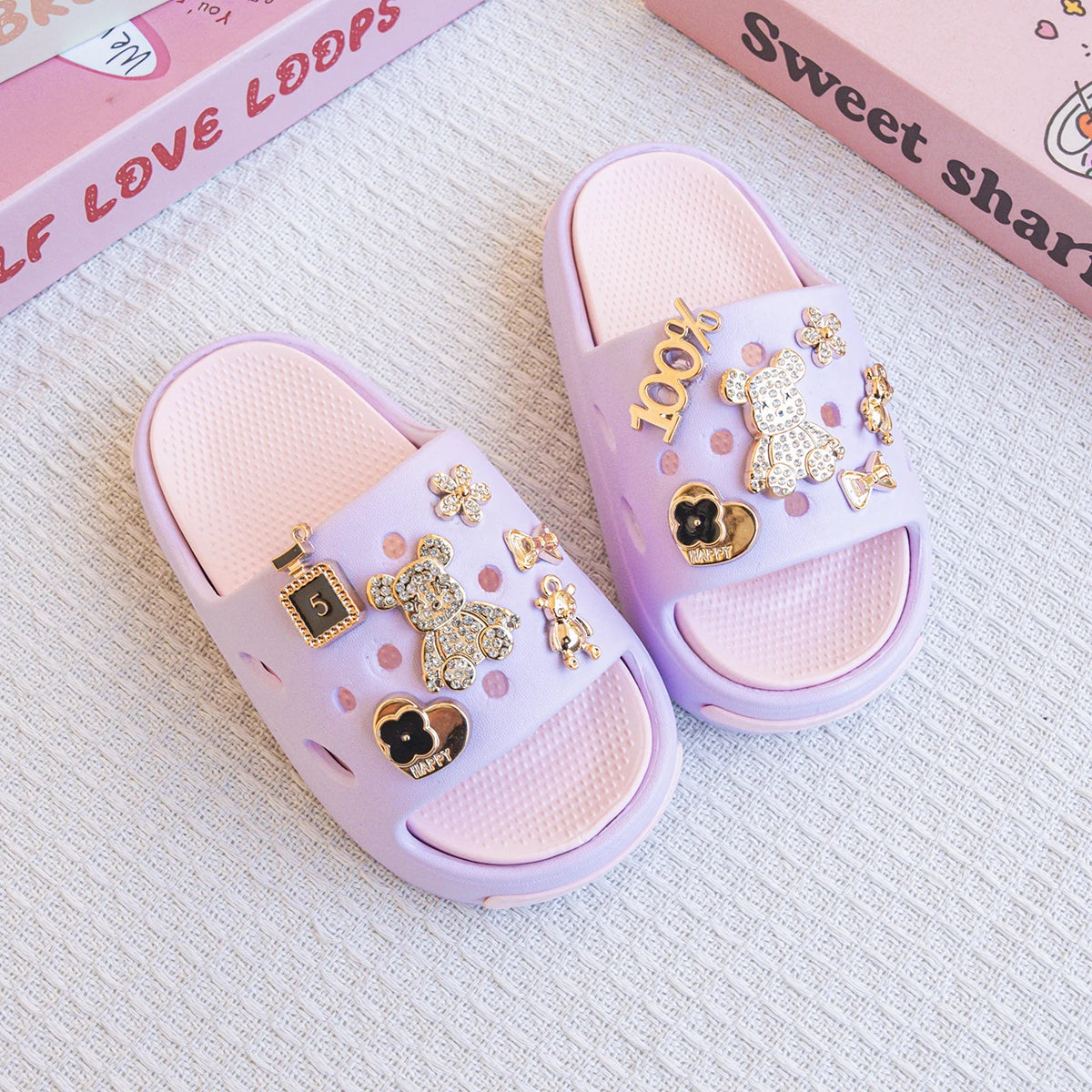 New Popular Cartoon Gold Diamond Bear Versatile Eva Slippers for Boys and Girls, Fashionable Double-Piece Soft-Soled Non-Slip Sa