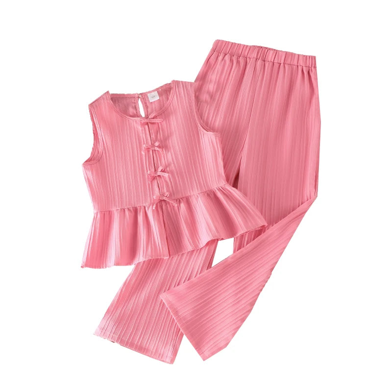 Summer Solid Color Pink Striped O-Neck Sleeveless Bowknot Top & Elastic Waist Pants For Girls 8-12 Years Korean Style Daliy Set