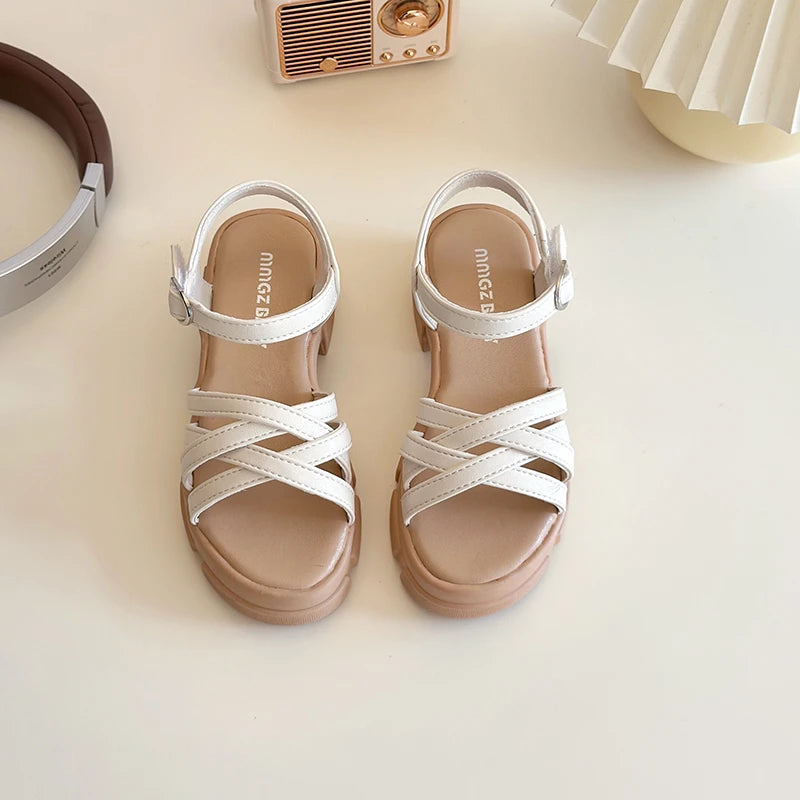 Heeled Sandals for Girls Chunky Sole Fashion Summer Shoes Children Non-Slip Strappy Gladiator Sandal Height Increased Beach Shoe