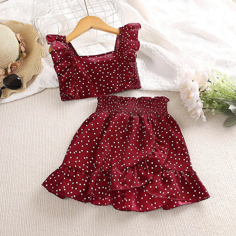 Girls' Clothing Set 5-12T Tri-Color Optional Flying Sleeve Square Collar Vest Top + Lace Skirts  Children Girls Baby Clothes Set