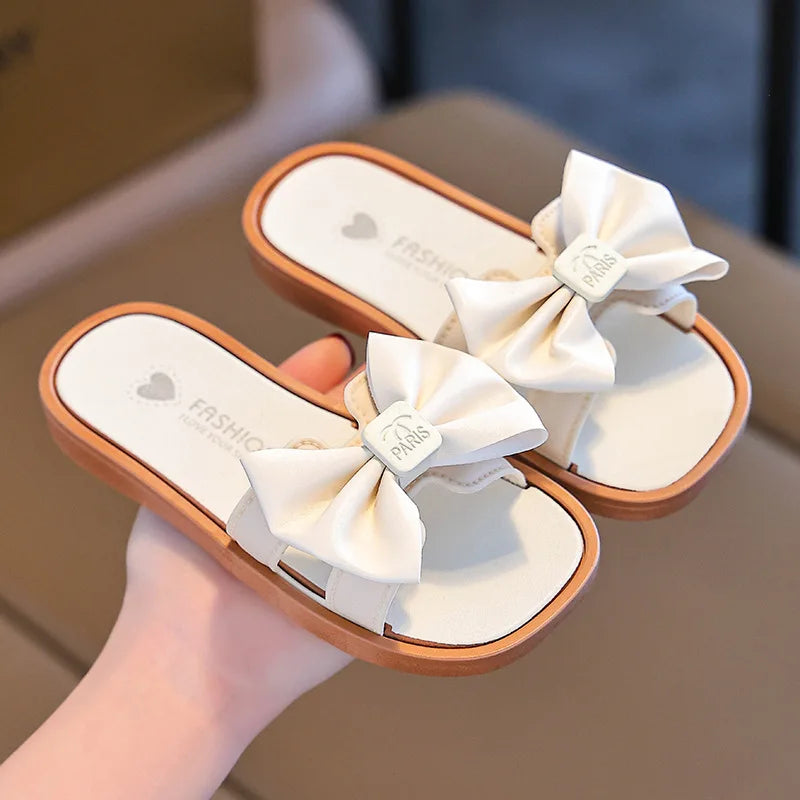 Girls Slippers Fashion Outside Wear Soft Bottom Non-slip Sweet Bow Sandals Slippers Middle and Big Children Beach One Word Drag
