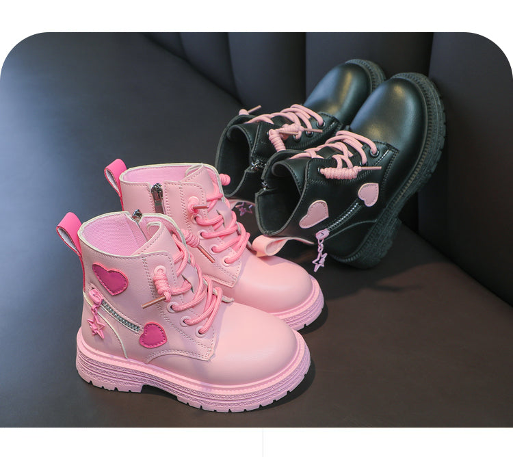 Girls' Fashion Rubber Boots – Autumn/Winter PU Round-Toe Boots with Soft Cotton Lining, Side Zip, and Heart Detail in Pink