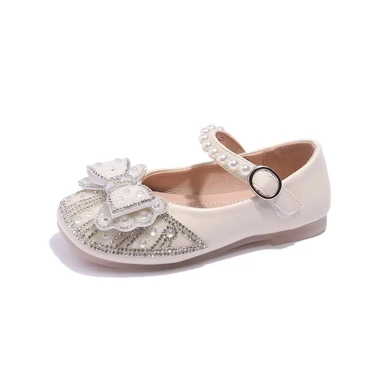 New Girl Sandals Cute Bow Pearl Sequins Kid Princess Shoes Flat Heels children Dancing Size 21-36
