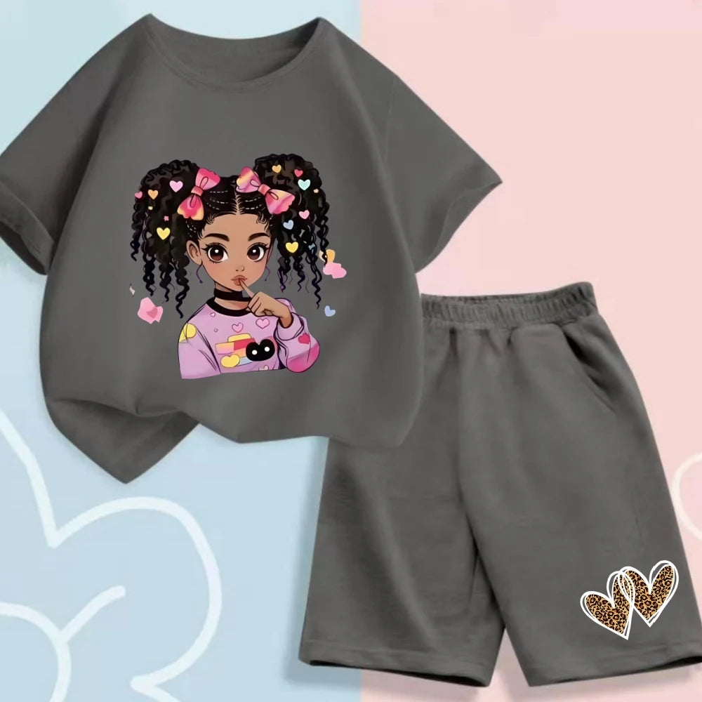 Summer Baby Girls' Clothing Set – 2-Piece Cartoon Print Short-Sleeve T-Shirt and Shorts Outfit for Kids