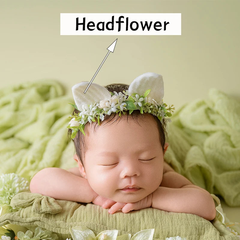 Newborn Baby Photography Props Infant Photoshoot Elastic Wrap Cloth Adjustable Bow Headflower Green Theme Baby Photo Accessories