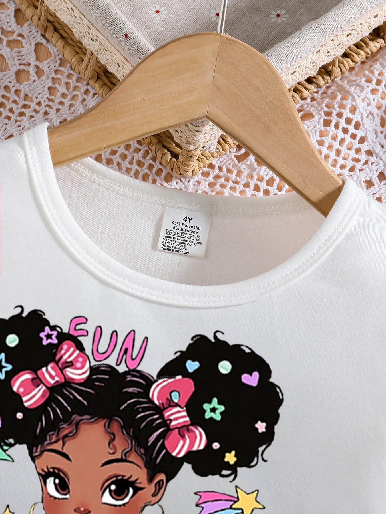 Girls' Two-Piece Spring/Autumn Outfit – White Round Neck Long Sleeve Top with Cartoon Print and Solid Color Slim-Fit Pants
