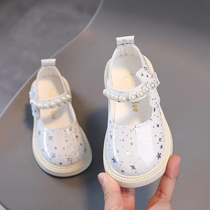Girl Princess Shoes Spring and Autumn New Pearl Rhinester Girl Black Leather Shoes Show Shoes Kids Single Shoes Glass Slippers