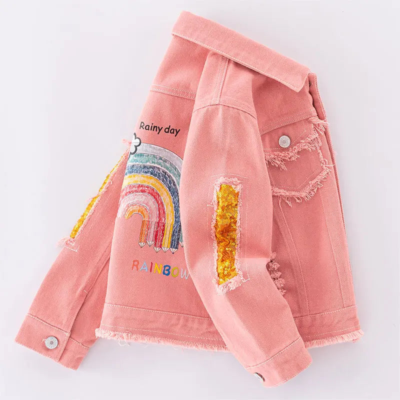 5-12 Years Teen Girls Denim Jacket New Fashion Pink Rainbow Sequins Jean Coat For Girl Spring Autumn Children Outerwear Clothing