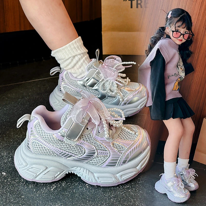 3-18 Years Old Girls Sneakers Four Seasons Beige Bow Mesh Girls Tennis Shoes Pink Soft Bottom Non-slip Children's Single Shoes