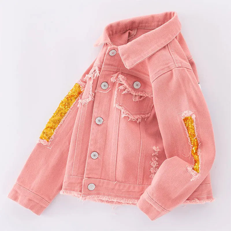 5-12 Years Teen Girls Denim Jacket New Fashion Pink Rainbow Sequins Jean Coat For Girl Spring Autumn Children Outerwear Clothing