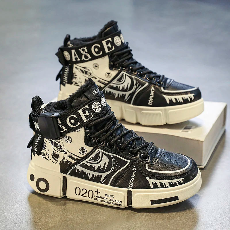 Boys' shoes Cotton shoes Winter 2025 new fleece thickened children's sports shoes large children high top board shoes