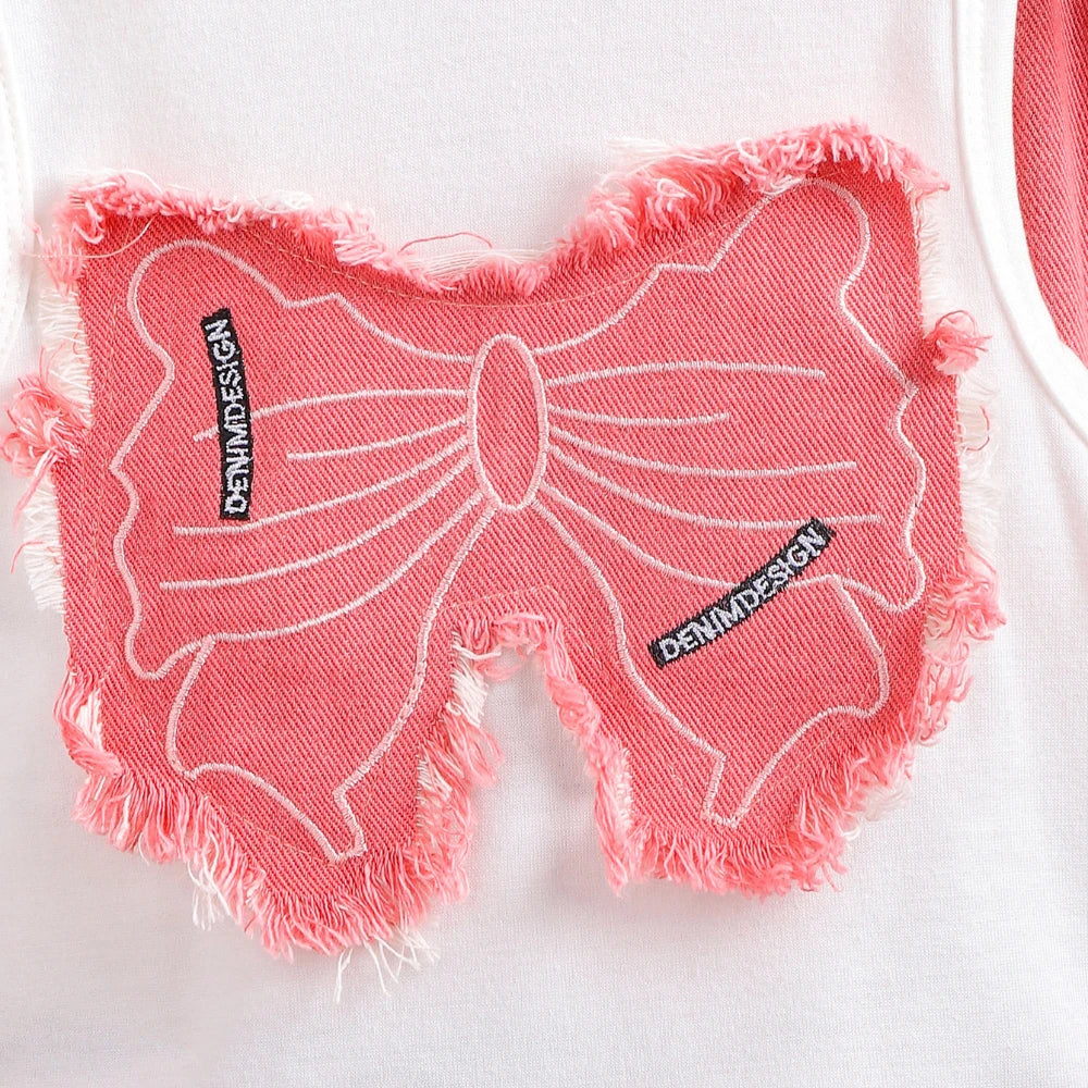 Bear Leader 2025 Summer 4-6 Year Old Streetwear Girls' Sets Sleeveless Butterfly Vest+Pink Cowboy Piercing Patch Pants 2-Pcs Set