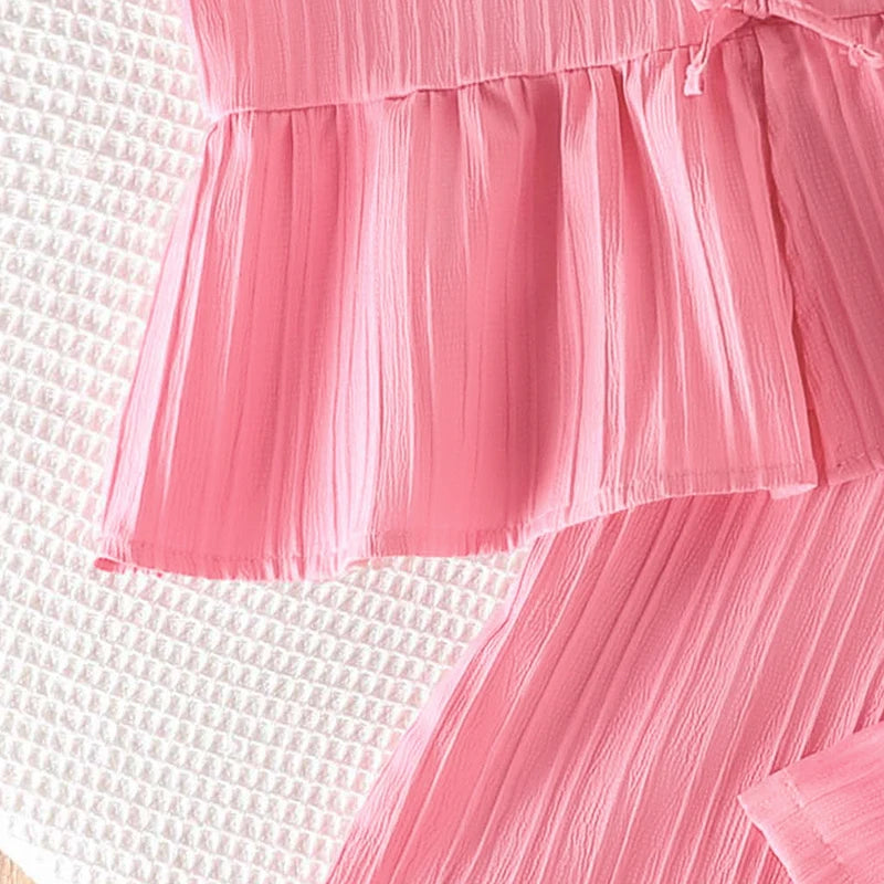 Summer Solid Color Pink Striped O-Neck Sleeveless Bowknot Top & Elastic Waist Pants For Girls 8-12 Years Korean Style Daliy Set