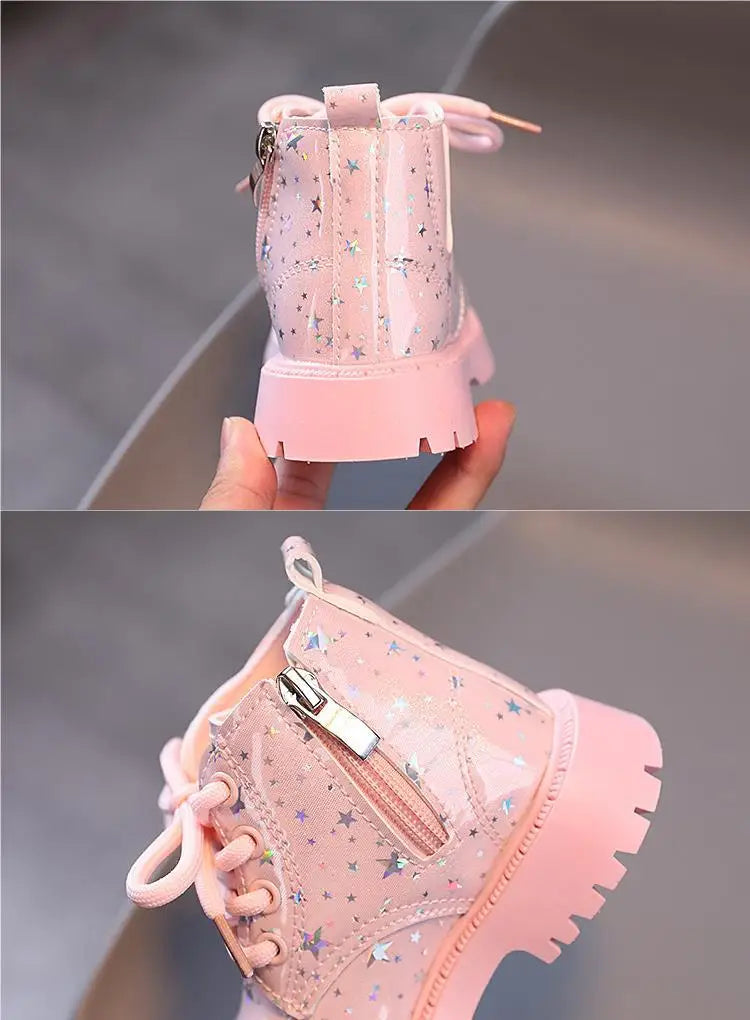 New Children Martine Boots Non-slip Soft Sole Walking Shoes PU Leather Sparkle Boots Lace Up Side Zipper Pure Color Casual Shoes
