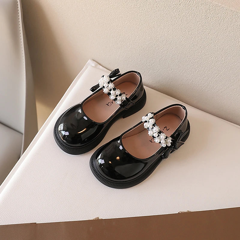 NEW Kids Shoes Princess Girls School Shoe Beige Black Children Leather Party Dress Flat Little Girl Shoes Casual