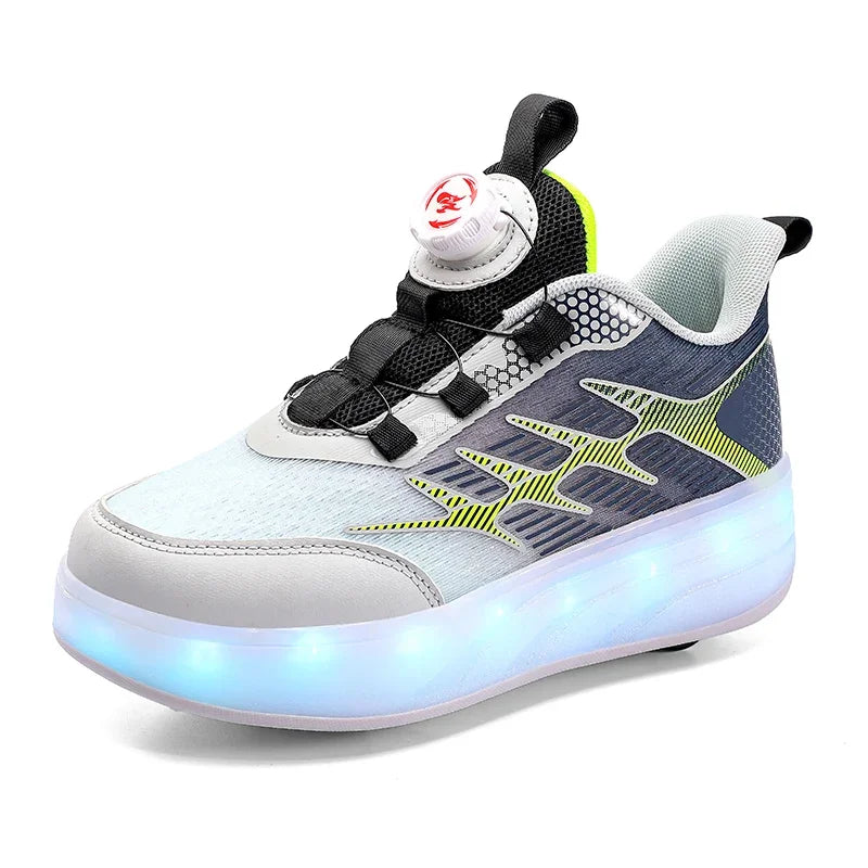 Children's Walking Shoes Girls 2025 New Rotary Buckle Flash Light Boy Student Four Wheel Roller Shoes Can Walk and Slide