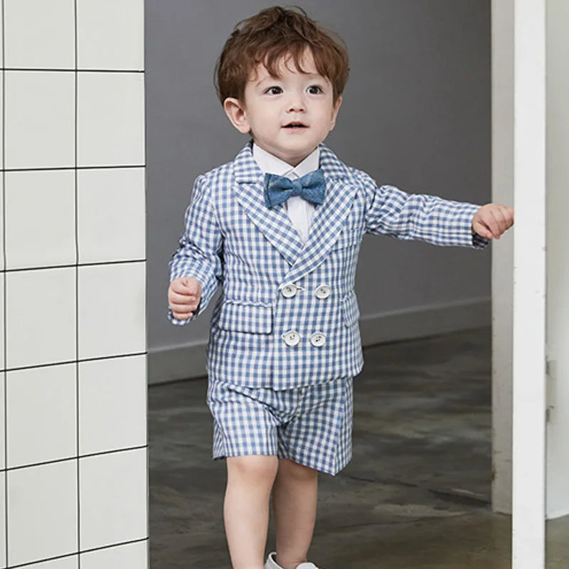 Baby Photograph Lattice Boys Suit Birthday Linen Thin Summer Little Boy Gentleman Outfit Formal Suits Children Coat Clothes Set