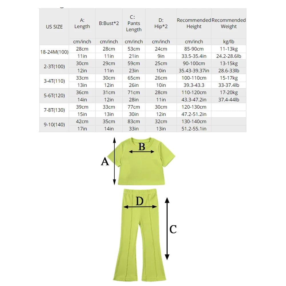2025 Summer Girls Bell Bottom Outfits 2pcs Solid Cotton T-shirt Pants Suit For Children Teenage Girls Fashion Tracksuit Clothes