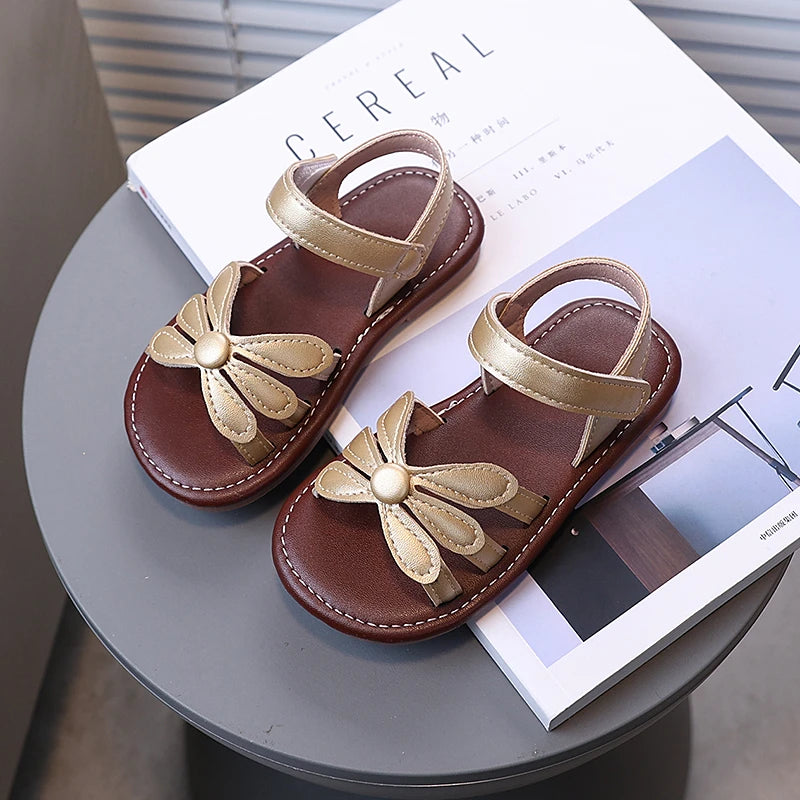Toddler Girl's Sandals Hollow-out Solid Color Flower Pu Leather Kids Sliders Open Toe Light Sweet Hook-loop Summer Children Shoe
