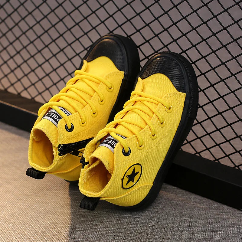 Children High-top Casual Canvas Shoes Boys Girl Zipper Flat Bottom Breathable Board Shoes Kid Cycling Sports Outdoor Board Shoes