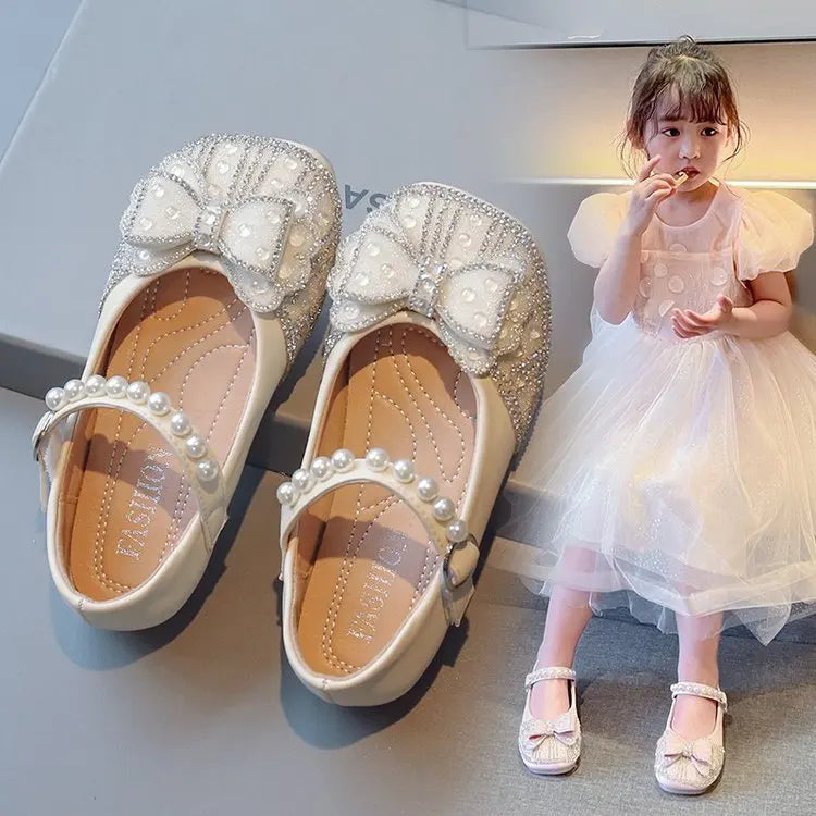 New Girl Sandals Cute Bow Pearl Sequins Kid Princess Shoes Flat Heels children Dancing Size 21-36