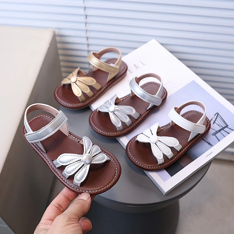 Toddler Girl's Sandals Hollow-out Solid Color Flower Pu Leather Kids Sliders Open Toe Light Sweet Hook-loop Summer Children Shoe