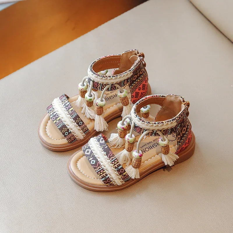 Bohemian Fringe Sandals for Girls Retro Ethnic Style Summer Shoes Geometric Yarn Dyed Pattern Ancient Tradition Shoe Kids G04071