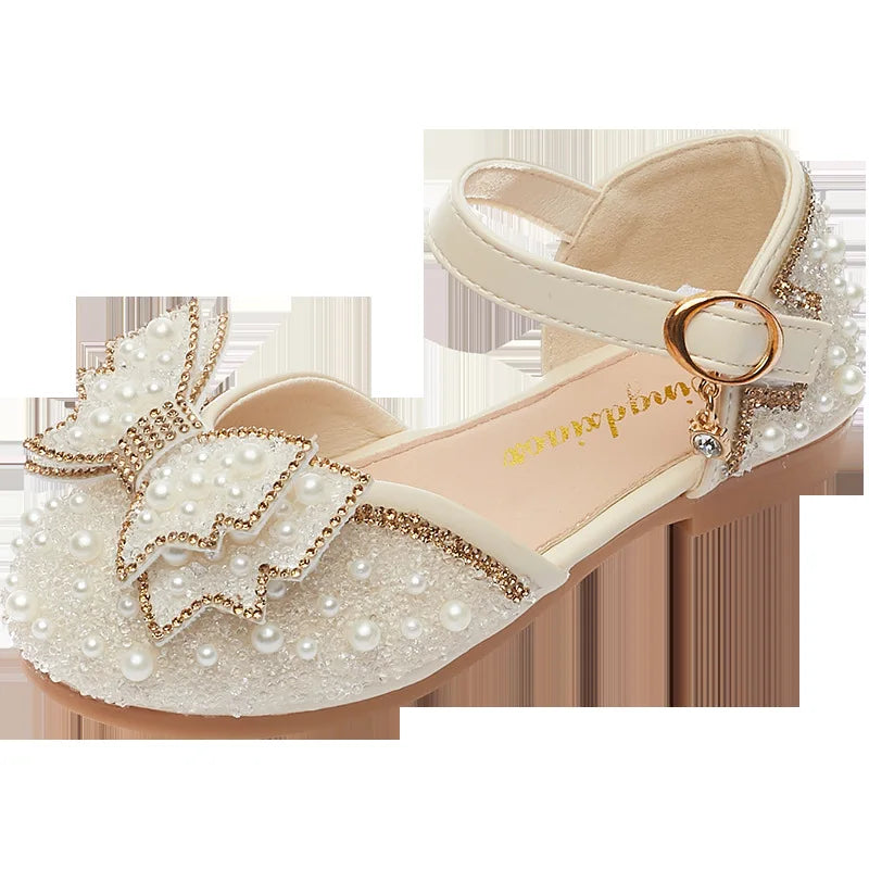 New Girl Sandals Cute Bow Pearl Sequins Kid Princess Shoes Flat Heels children Dancing Size 21-36