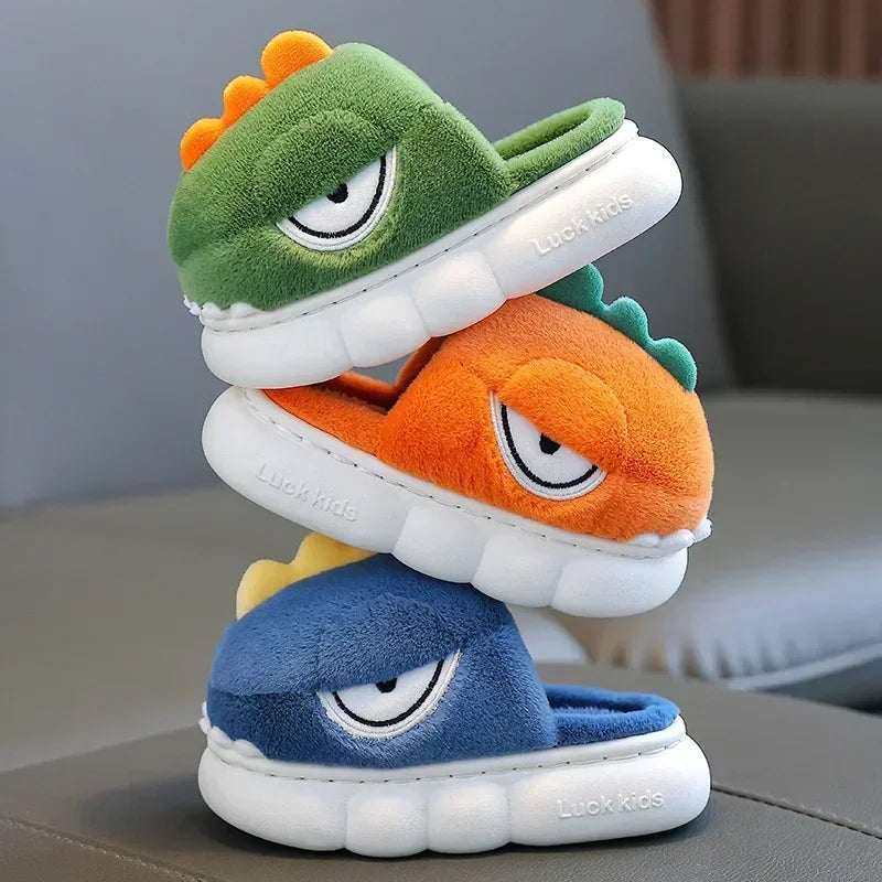 Cute Cartoon Dinosaur Children Plush Slippers Soft Sole Non-slip Winter Warm Baby Boys Girls Indoor Home Heel Wrap Cotton Shoes