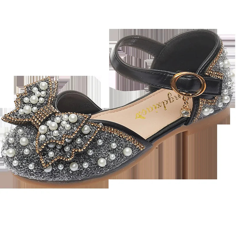 New Girl Sandals Cute Bow Pearl Sequins Kid Princess Shoes Flat Heels children Dancing Size 21-36