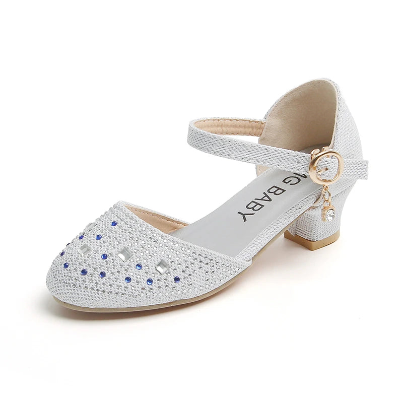 Girls Leather Shoes Pink New with Heel Rhinestone Girls Princess Single Shoes 4-12 Years Old Fashion Non-slip Children's Sandals