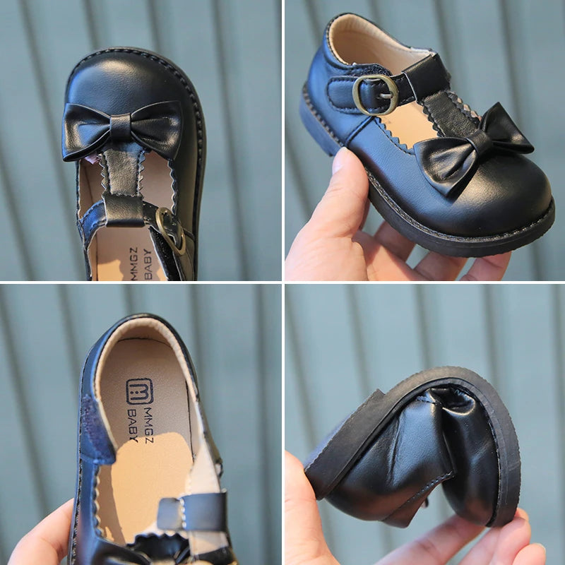Girl's Mary Janes Ruffles Bowknot Lovely Beautiful Kids Leather Shoes Four Colors 21-30 Toddler Black Beige Fashion Kids Shoe