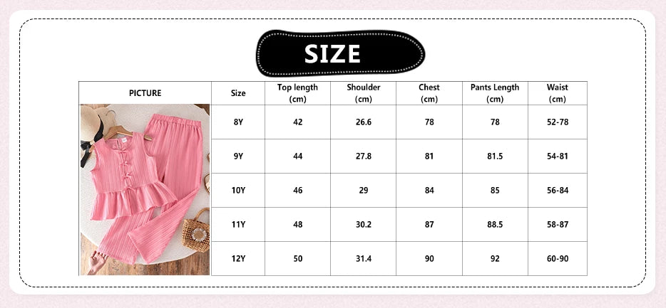 Summer Solid Color Pink Striped O-Neck Sleeveless Bowknot Top & Elastic Waist Pants For Girls 8-12 Years Korean Style Daliy Set