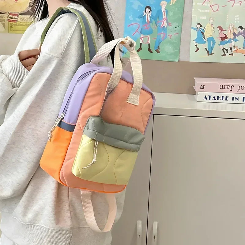 New Children's Casual Fashion Bag Boys and Girls Canvas Two-shoulder Bags Baby Color Matching Quilted Backpack School Bags