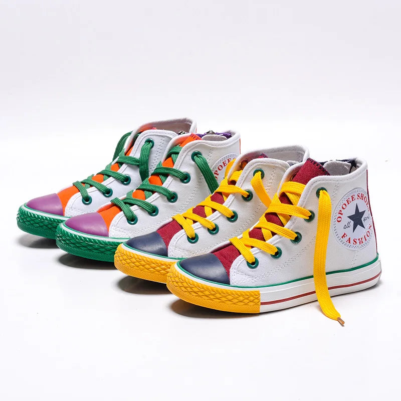 Opoee Children's Shoe Wholesale 2023 Spring Boys' and Girls' Board Shoes Korean Edition Colored Fashion Mid Top Children's Canva
