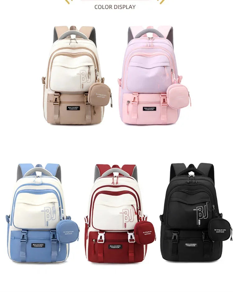 Macaron Color-Block Girls' School Backpack – Premium Large-Capacity Bag with Rainbow Zipper for Kids and Teen Students