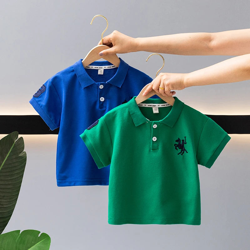 Summer Boys 2024 Casual Embroidery Horse Button Pullover Short sleeved T-shirt Polo Shirt Children's Clothing 1-7Y
