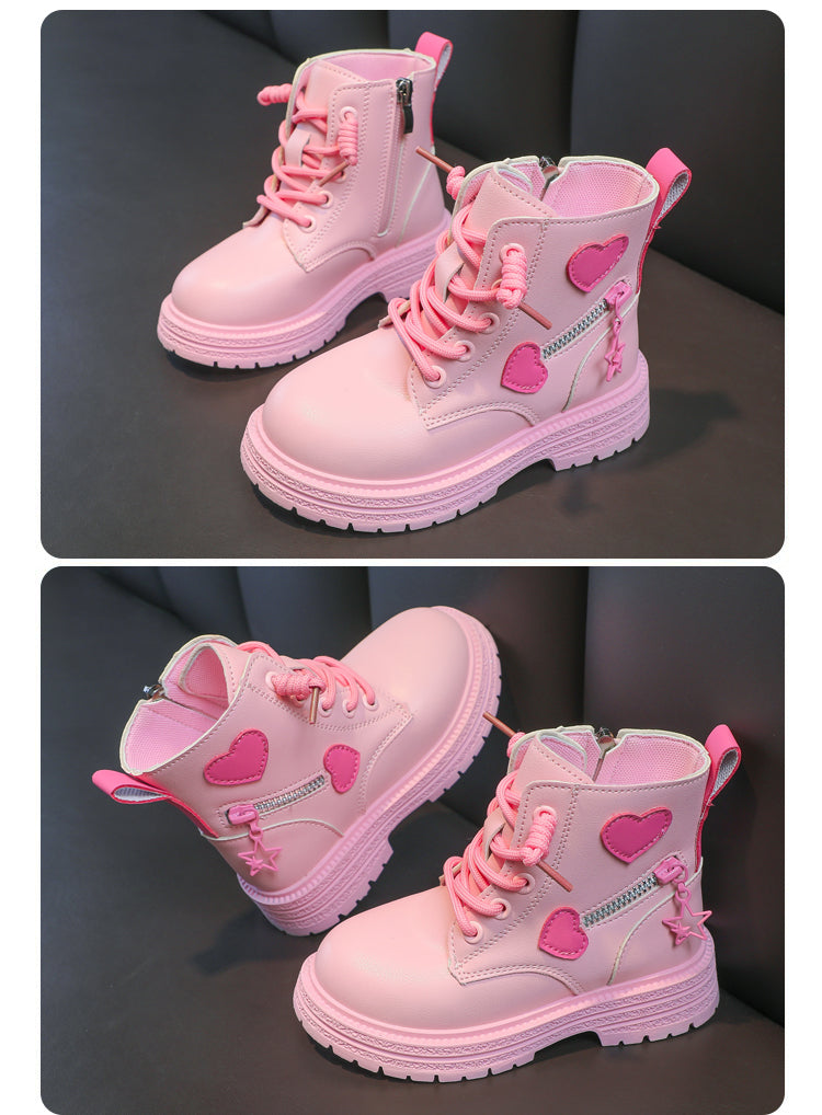 Girls' Fashion Rubber Boots – Autumn/Winter PU Round-Toe Boots with Soft Cotton Lining, Side Zip, and Heart Detail in Pink