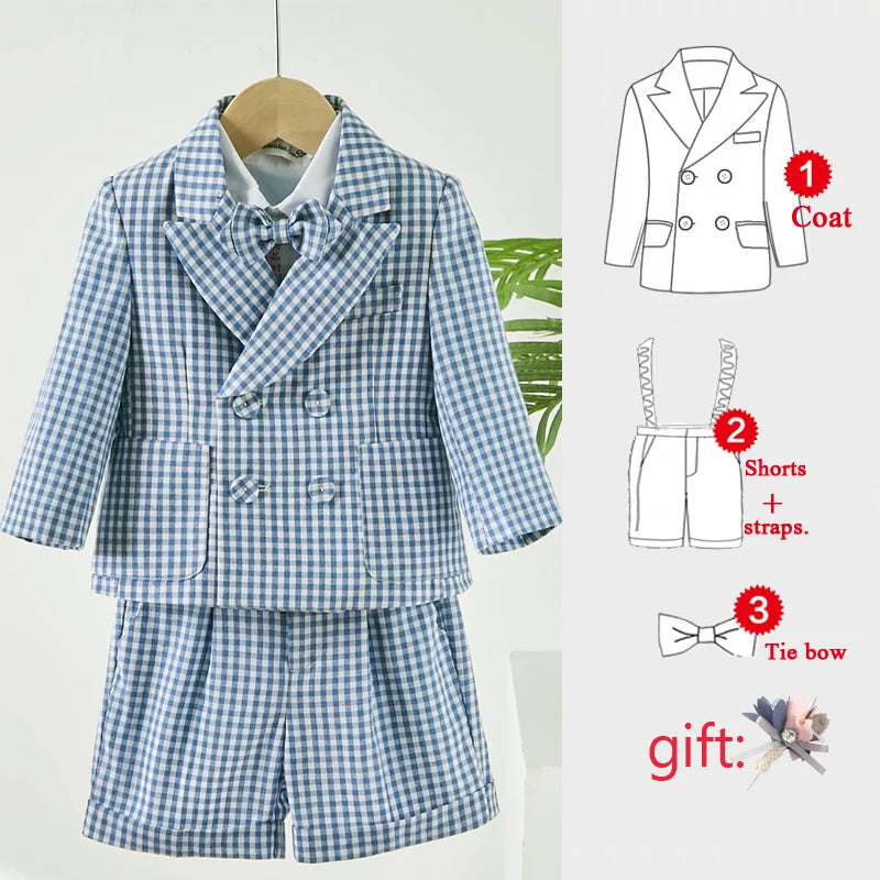 Baby Photograph Lattice Boys Suit Birthday Linen Thin Summer Little Boy Gentleman Outfit Formal Suits Children Coat Clothes Set