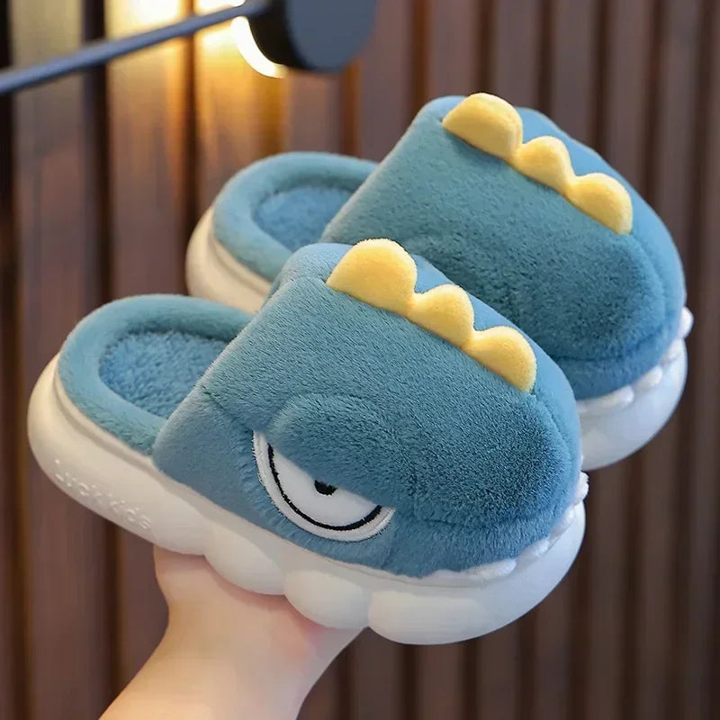 Cute Cartoon Dinosaur Children Plush Slippers Soft Sole Non-slip Winter Warm Baby Boys Girls Indoor Home Heel Wrap Cotton Shoes