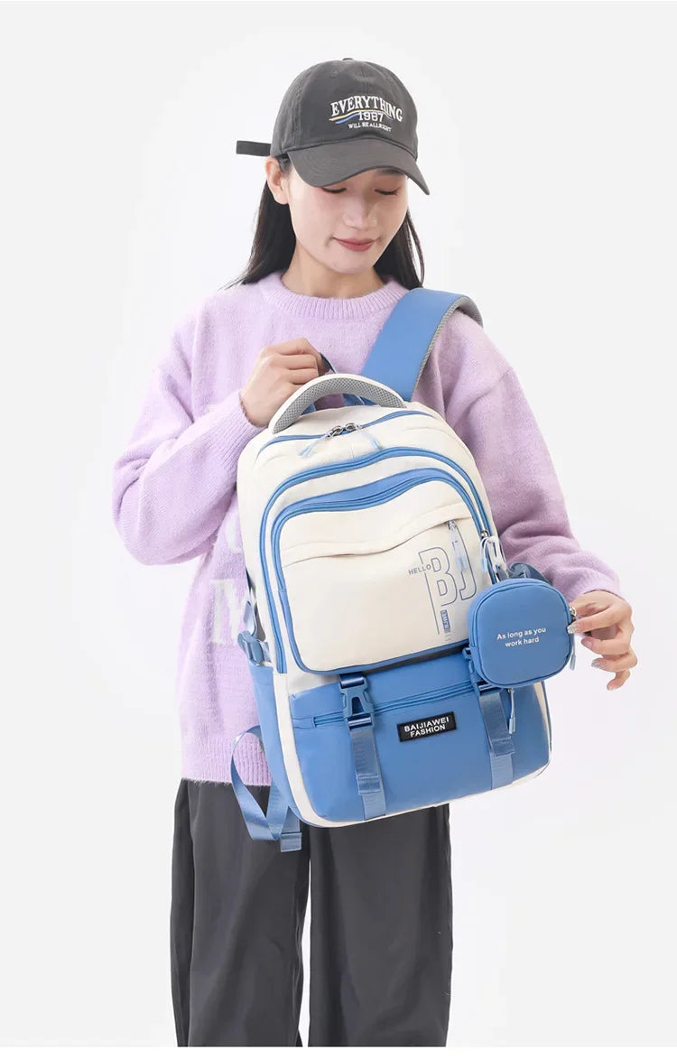 Macaron Color-Block Girls' School Backpack – Premium Large-Capacity Bag with Rainbow Zipper for Kids and Teen Students