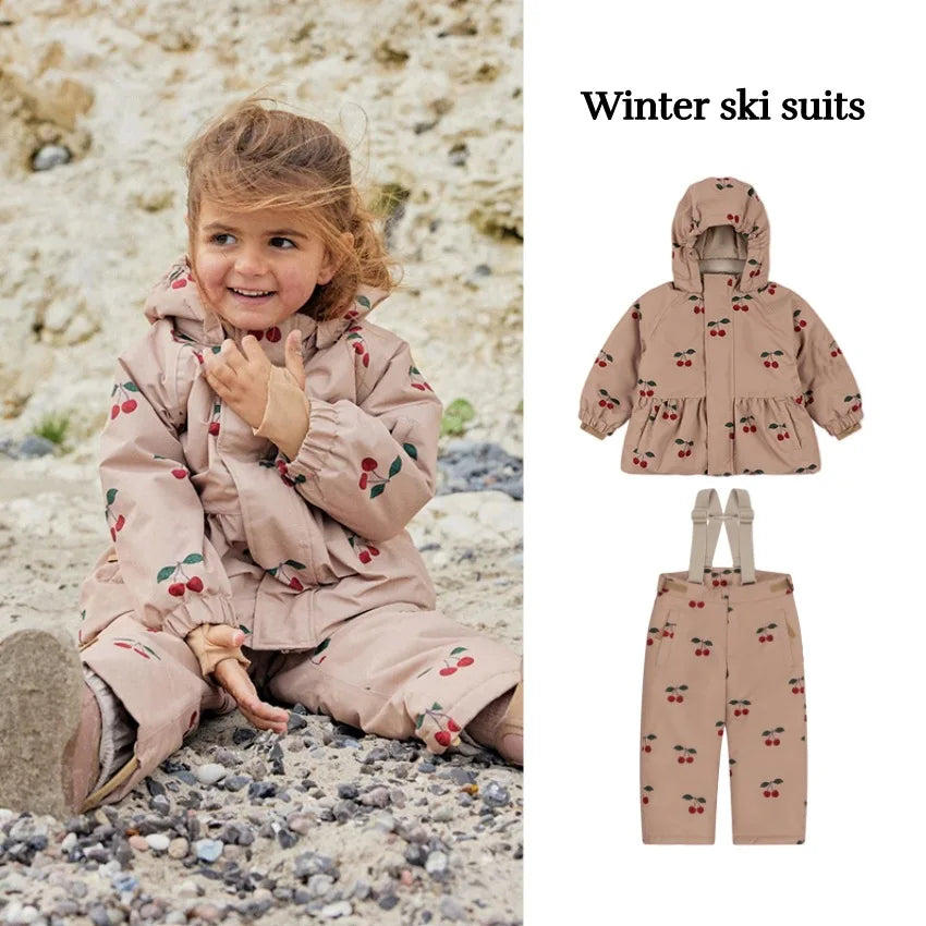 Konges Slojd 2025 Winter Baby Girls Cherry Hooded Ski Jackets Overalls Suits Sets Girls Waterproof Windproof Cold Resistant Coat