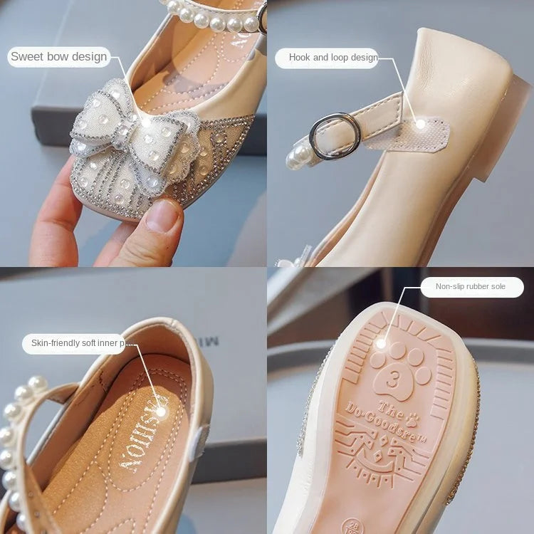 New Girl Sandals Cute Bow Pearl Sequins Kid Princess Shoes Flat Heels children Dancing Size 21-36