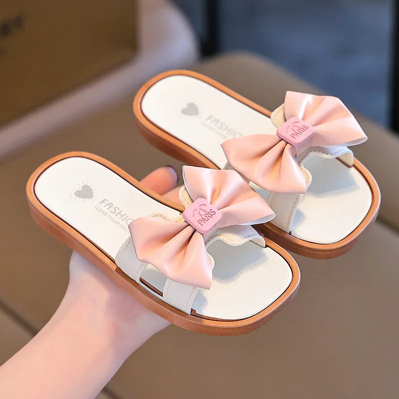 Girls Slippers Fashion Outside Wear Soft Bottom Non-slip Sweet Bow Sandals Slippers Middle and Big Children Beach One Word Drag