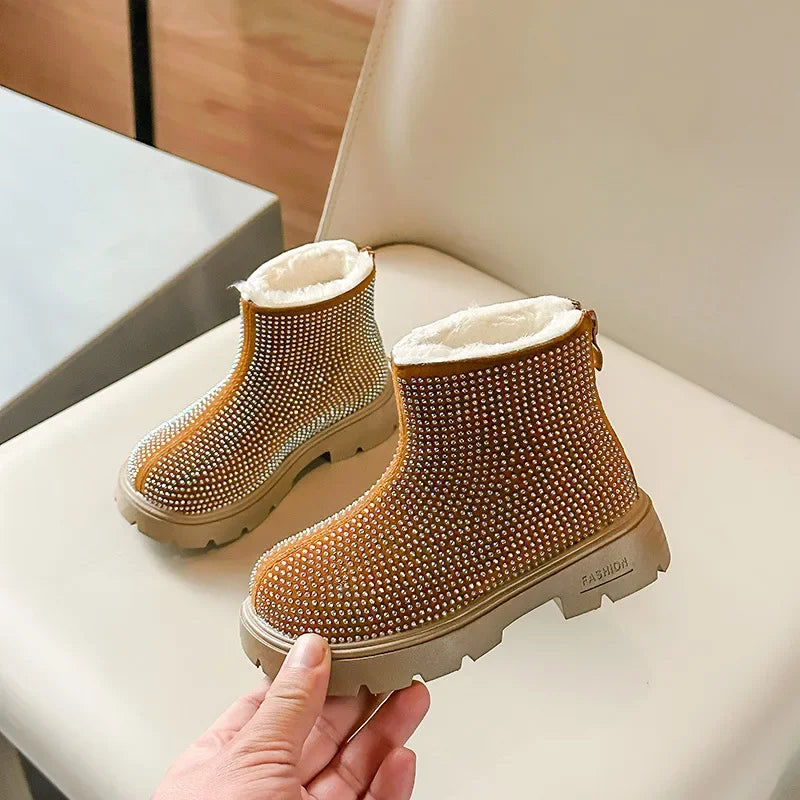 Fashion Girl Shoes New Versatile Comfort Ankle Boots Soft Sole Anti Slip Casual Rhinestone Winter Boot Warm Princess Kids Shoes