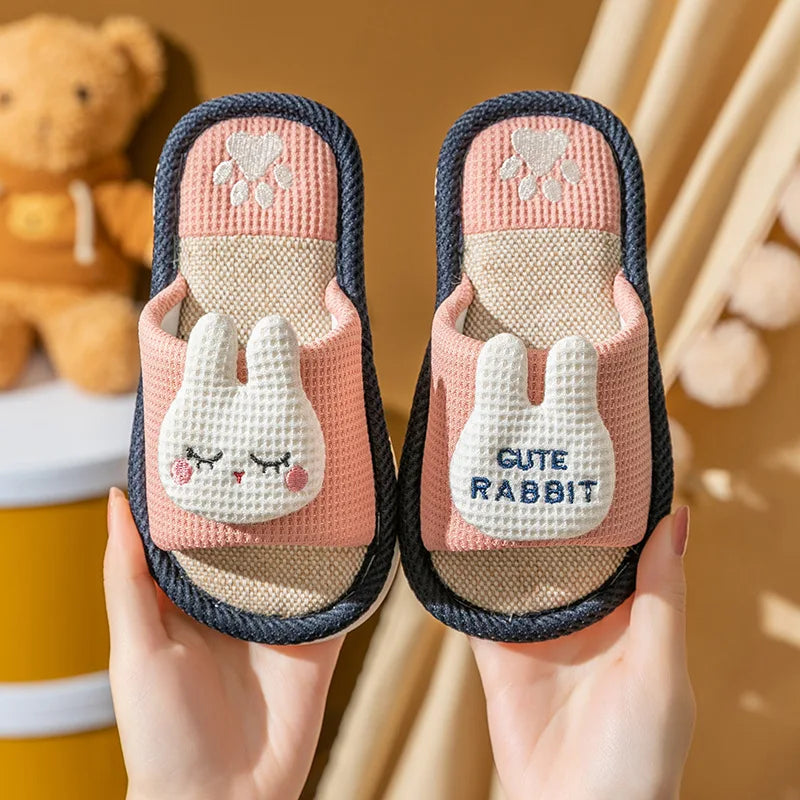 Litfun New Kids Slippers Linen Home Boys Girls Slippers Cartoon Rabbit Summer Indoors Kids Slides Comfort Non-slip Kids Sandals
