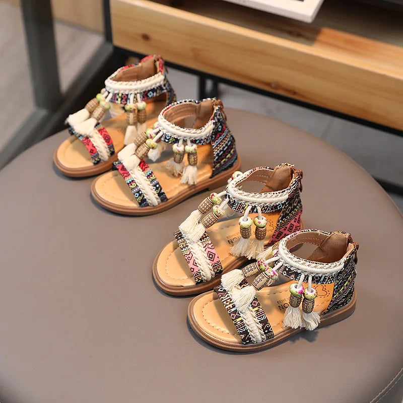 Bohemian Fringe Sandals for Girls Retro Ethnic Style Summer Shoes Geometric Yarn Dyed Pattern Ancient Tradition Shoe Kids G04071