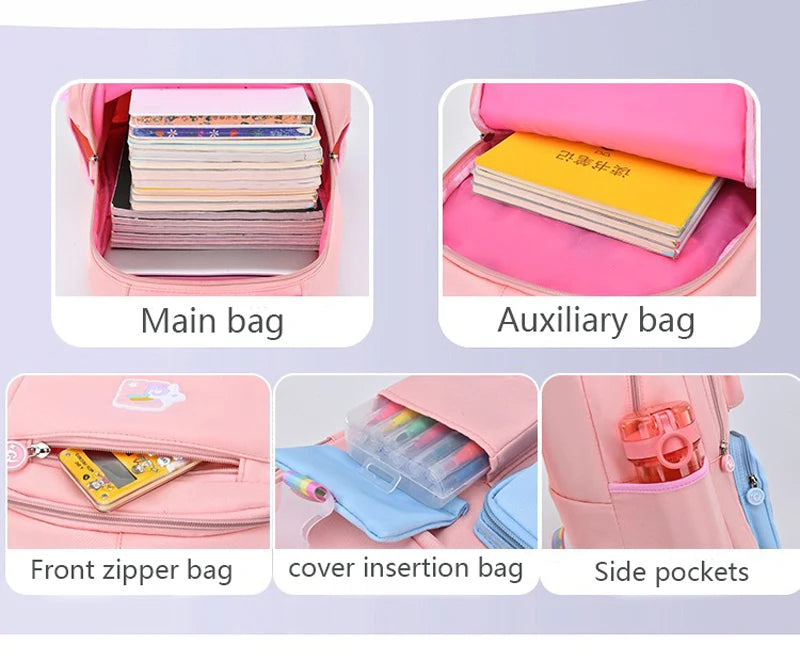 Premium Girls' School Backpack – Macaron Color-Block Design with Rainbow Zipper, Large Capacity Bag for Kids and Teens