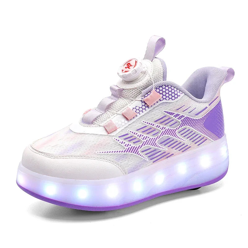 Children's Walking Shoes Girls 2025 New Rotary Buckle Flash Light Boy Student Four Wheel Roller Shoes Can Walk and Slide